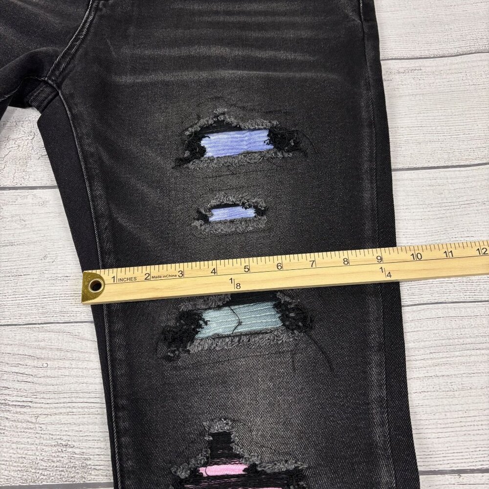 Embellish Mens Black Distressed Skinny Jeans With Colorful Patches Size 34 - Picture 10 of 16
